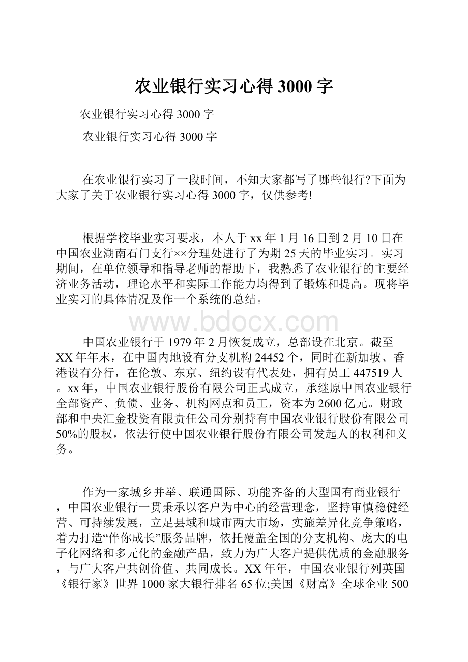 农业银行实习心得3000字.docx_第1页