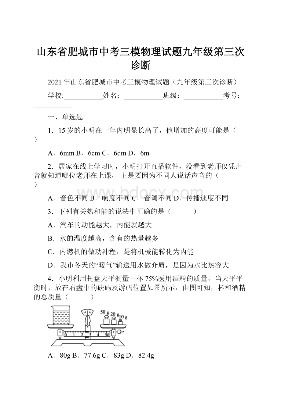 山东省肥城市中考三模物理试题九年级第三次诊断.docx_第1页