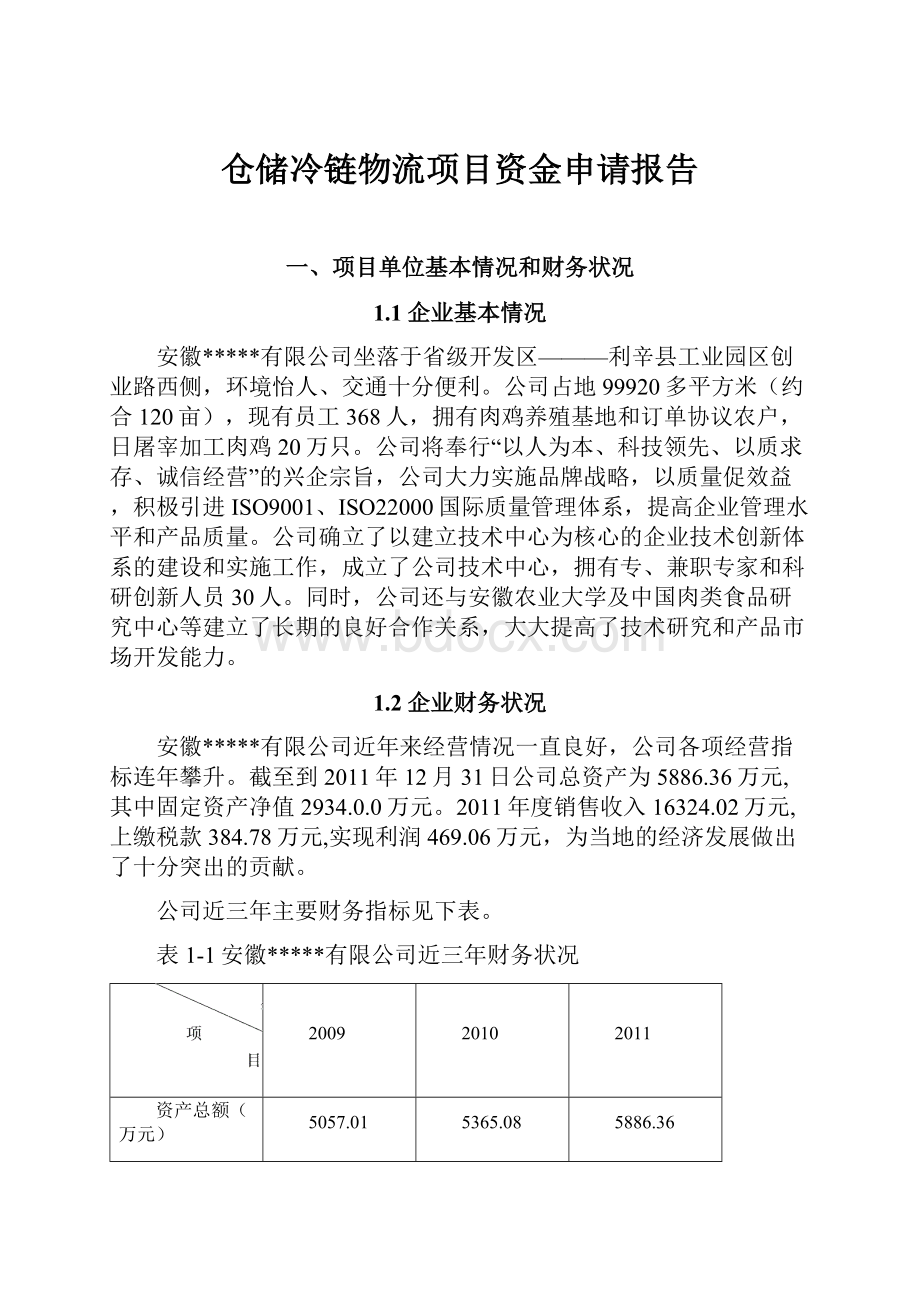 仓储冷链物流项目资金申请报告.docx_第1页