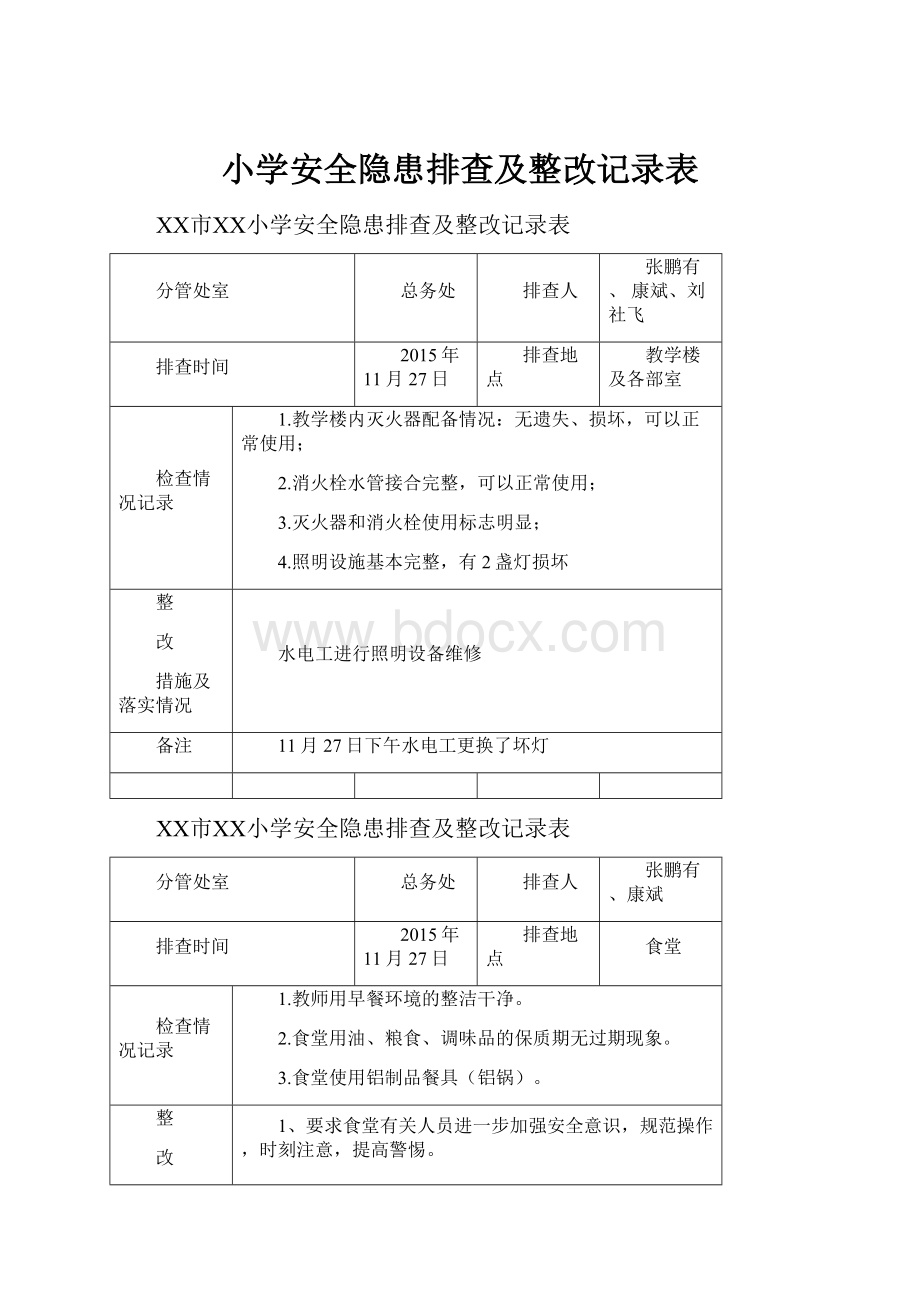 小学安全隐患排查及整改记录表.docx