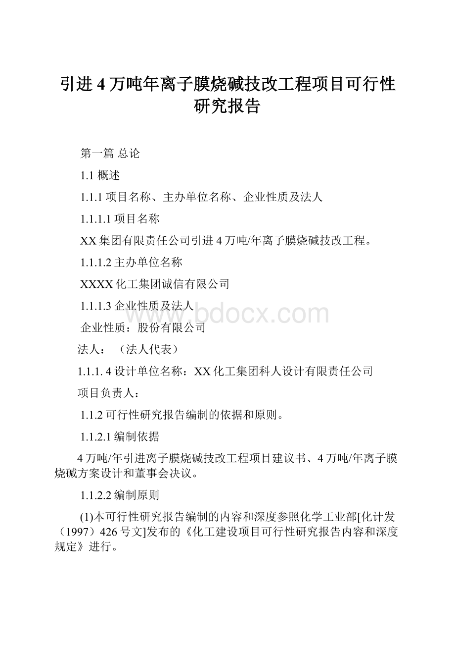 引进4万吨年离子膜烧碱技改工程项目可行性研究报告.docx_第1页