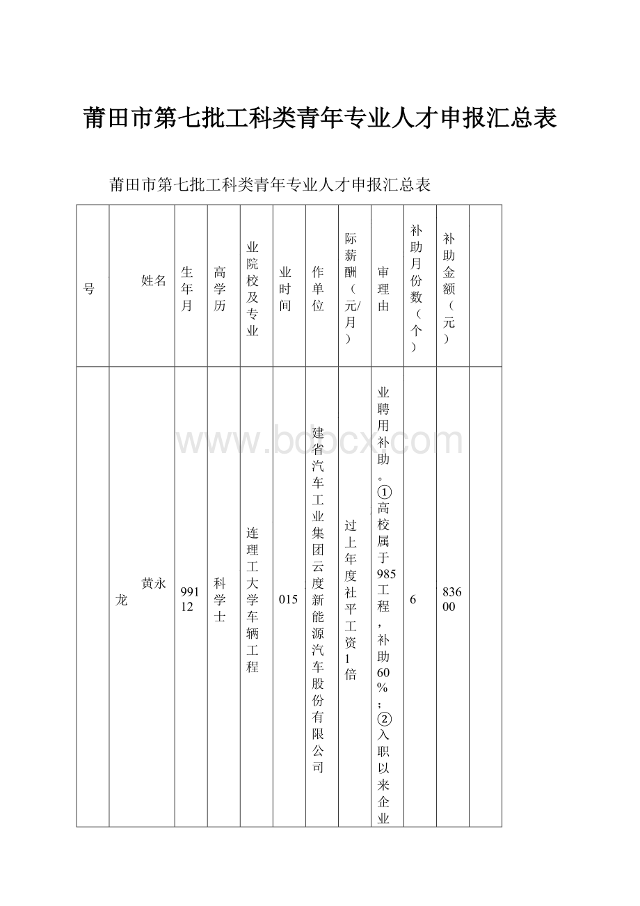 莆田市第七批工科类青年专业人才申报汇总表.docx