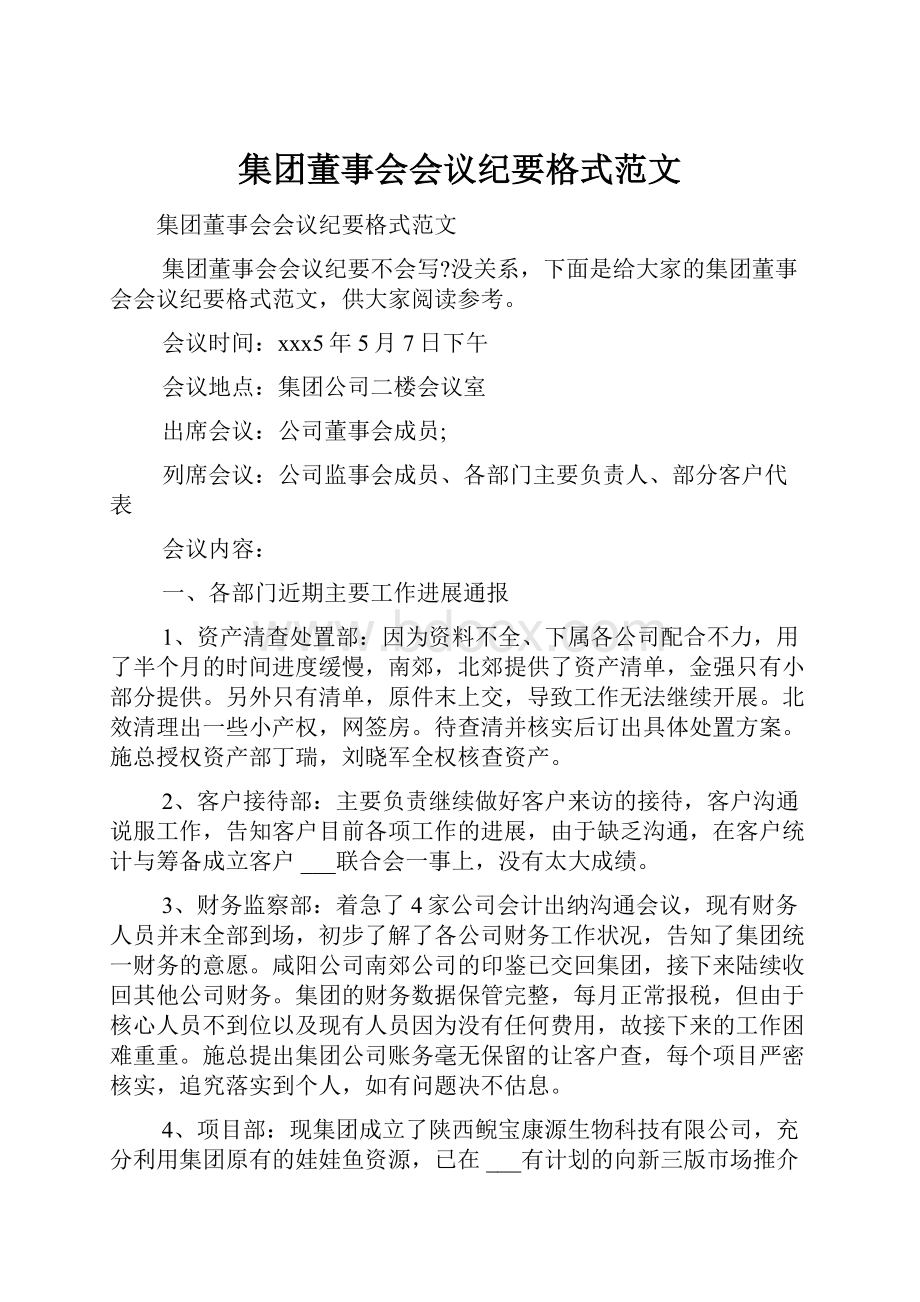 集团董事会会议纪要格式范文.docx