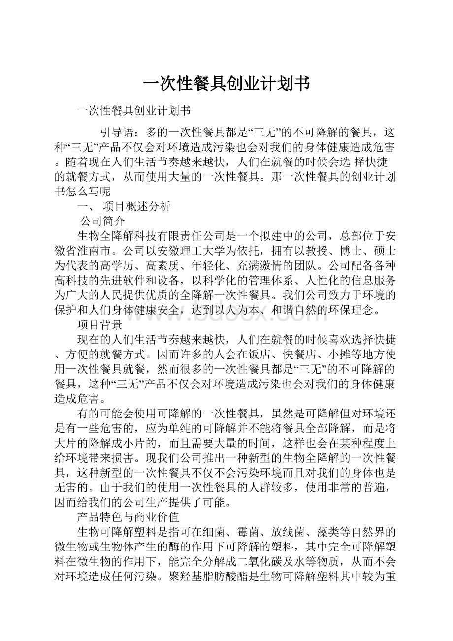 一次性餐具创业计划书.docx