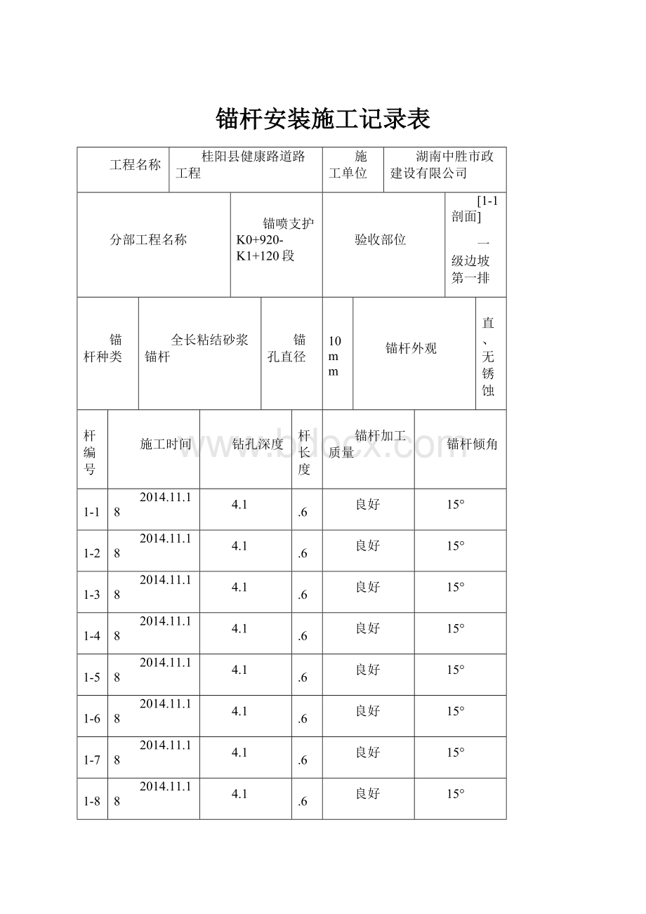 锚杆安装施工记录表.docx_第1页