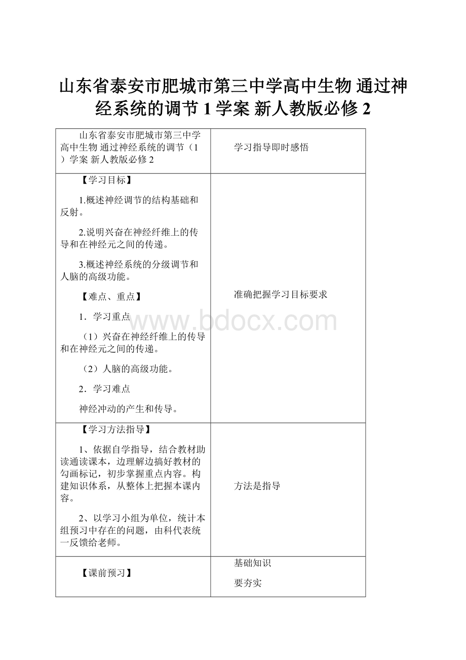 山东省泰安市肥城市第三中学高中生物 通过神经系统的调节1学案 新人教版必修2.docx