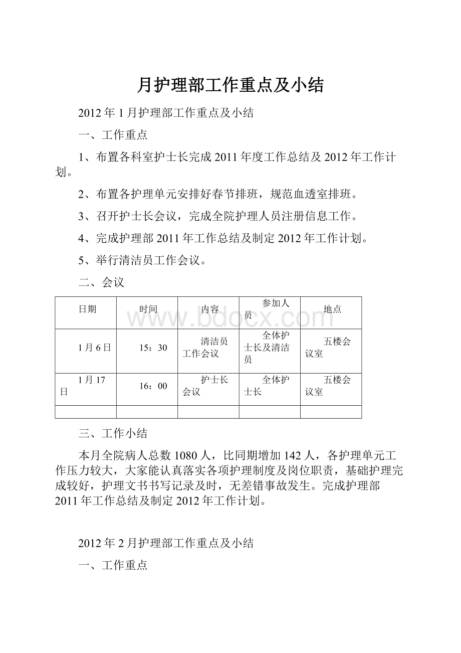 月护理部工作重点及小结.docx_第1页