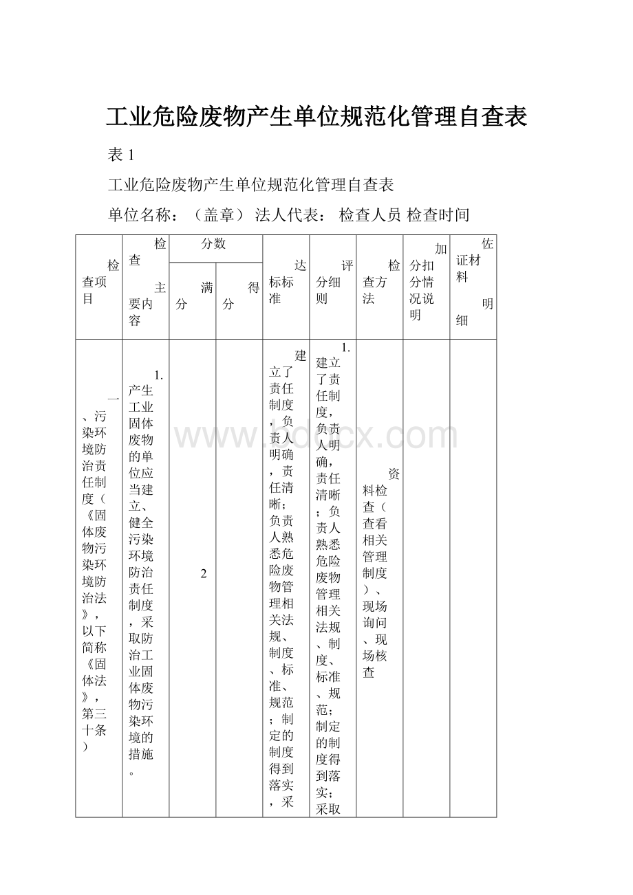 工业危险废物产生单位规范化管理自查表.docx_第1页