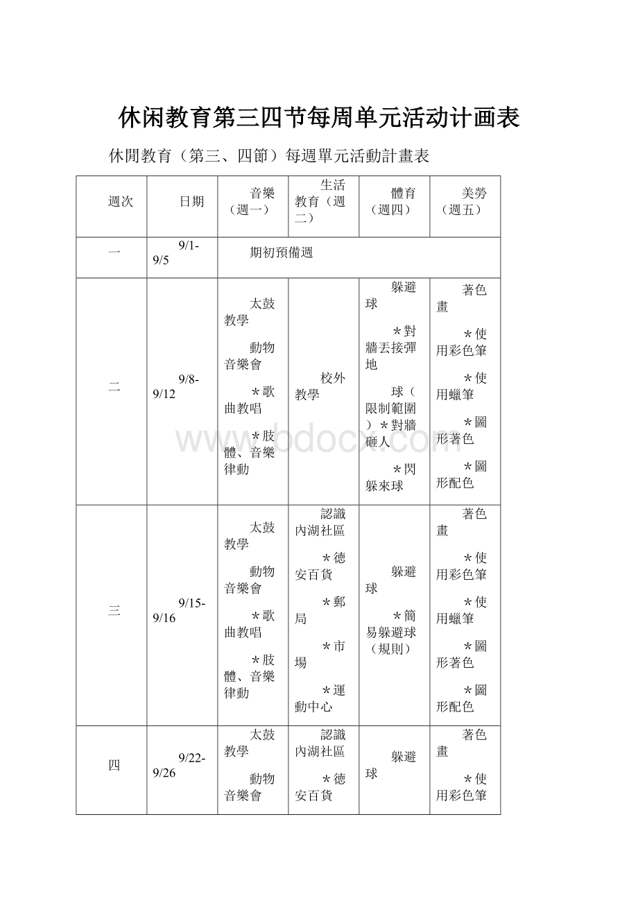 休闲教育第三四节每周单元活动计画表.docx_第1页