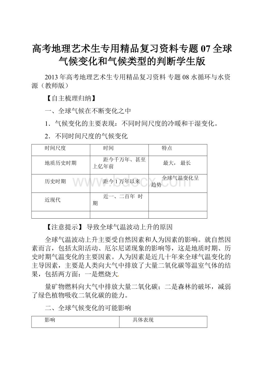 高考地理艺术生专用精品复习资料专题07全球气候变化和气候类型的判断学生版.docx