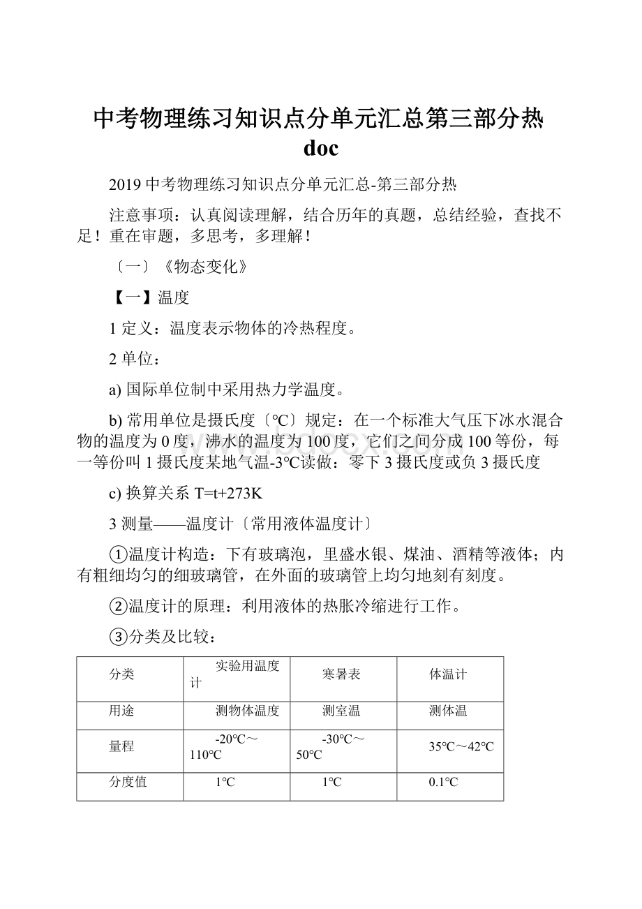 中考物理练习知识点分单元汇总第三部分热doc.docx