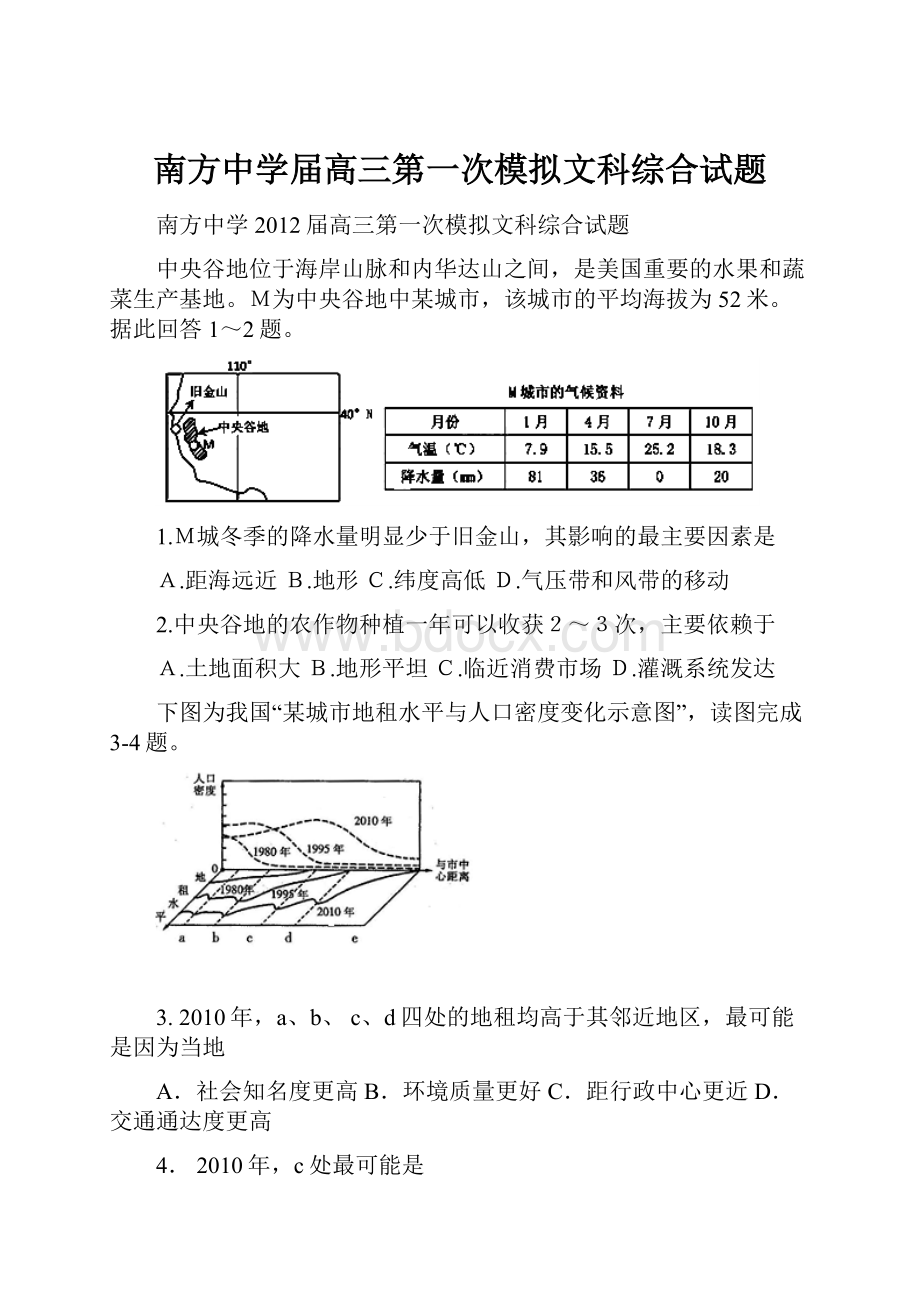 南方中学届高三第一次模拟文科综合试题.docx