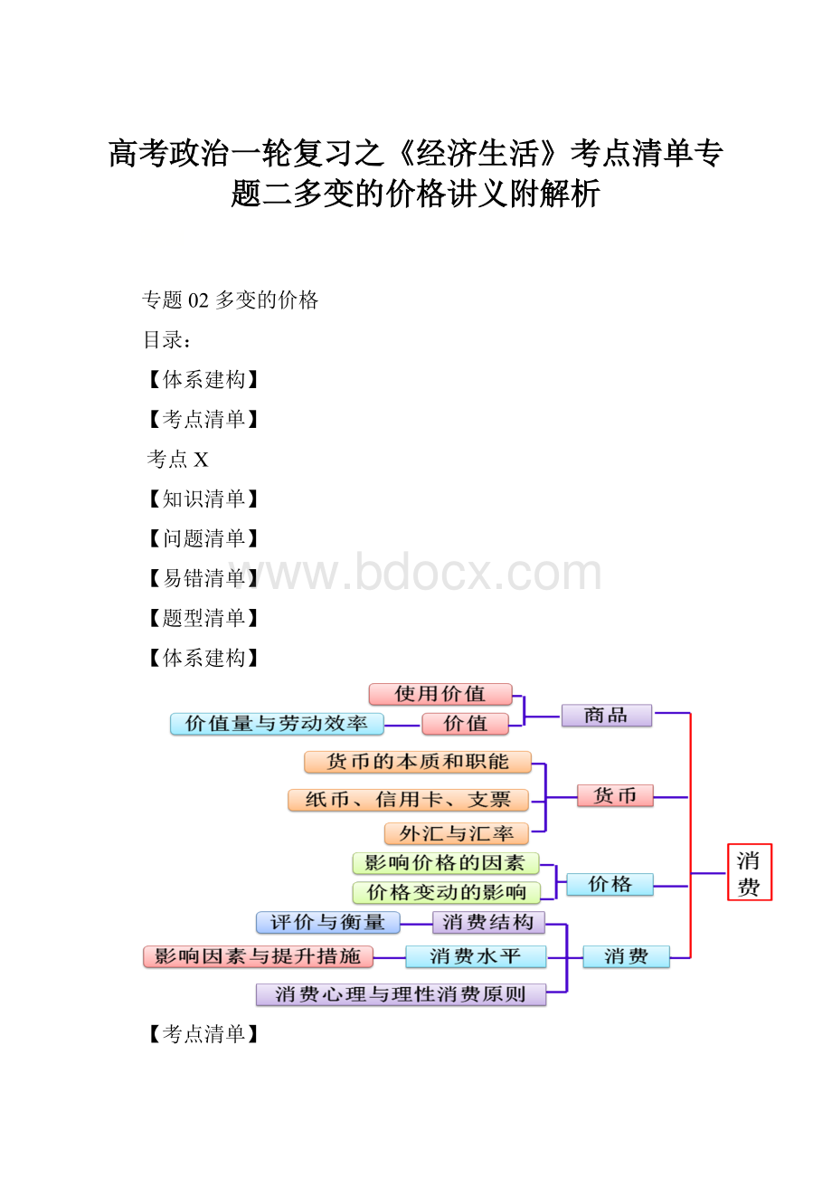 高考政治一轮复习之《经济生活》考点清单专题二多变的价格讲义附解析.docx_第1页