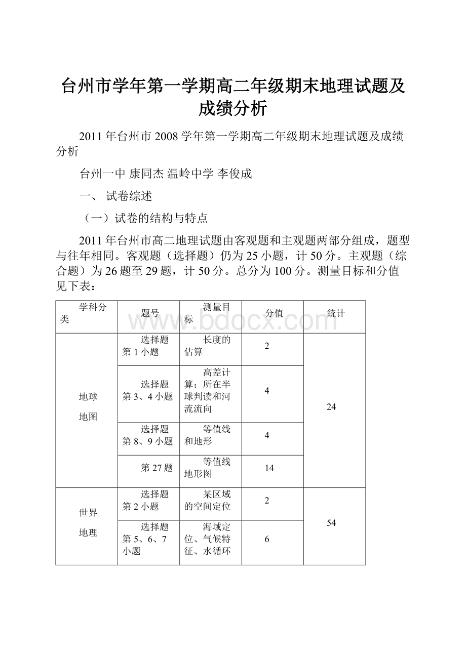 台州市学年第一学期高二年级期末地理试题及成绩分析.docx_第1页