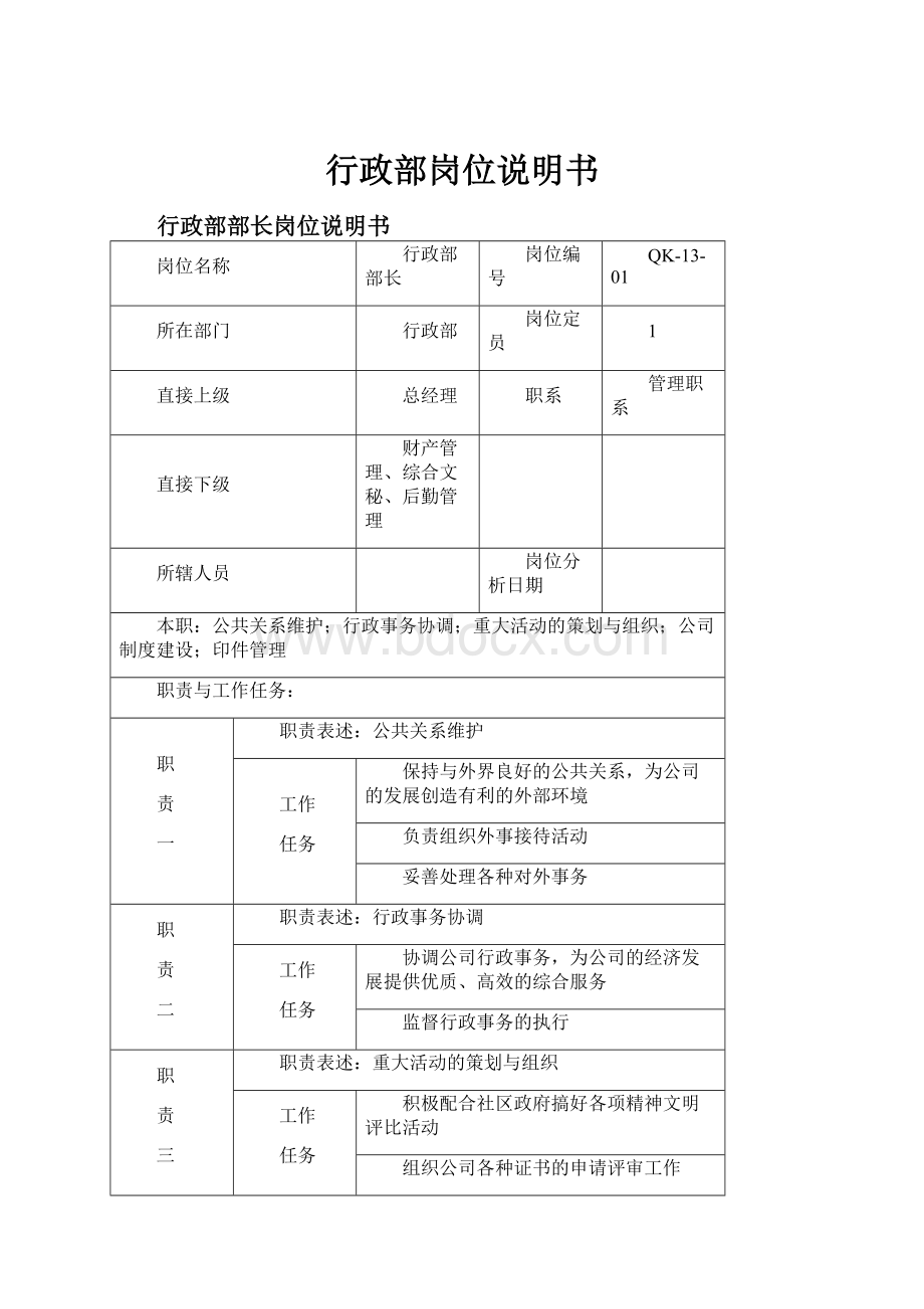 行政部岗位说明书.docx_第1页