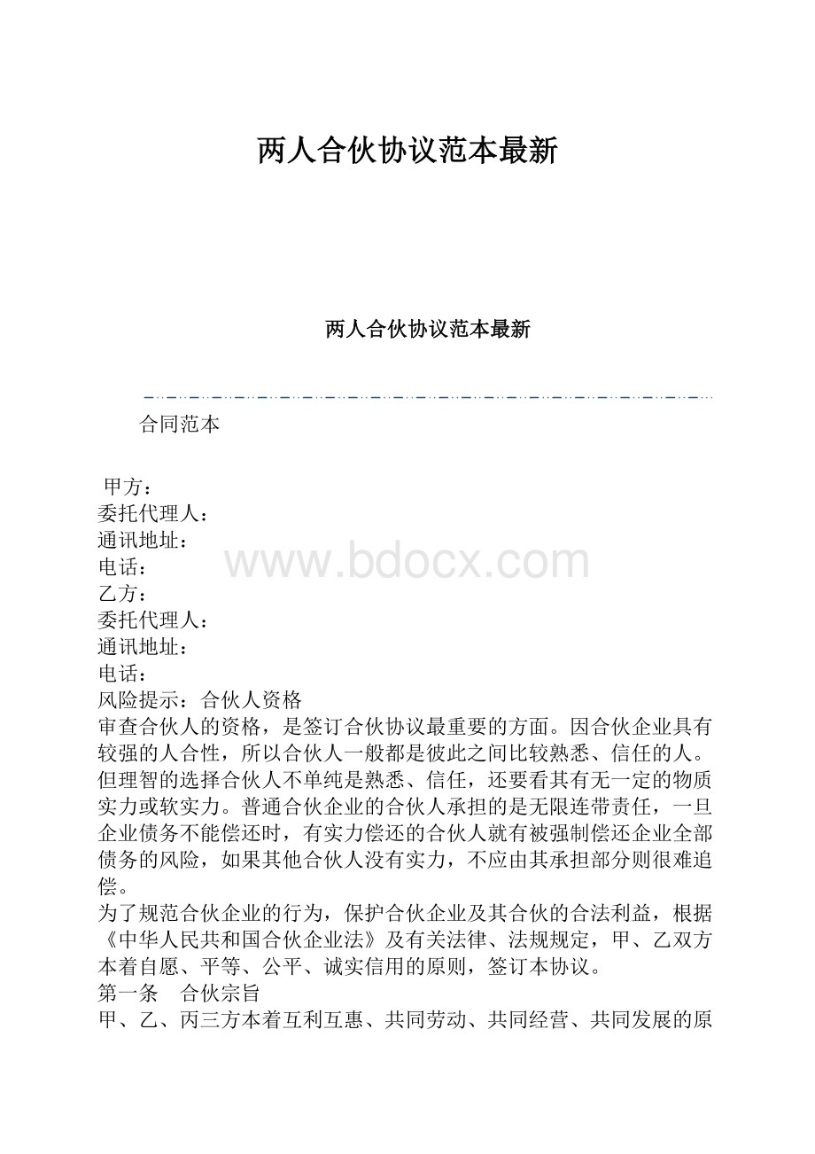 两人合伙协议范本最新.docx