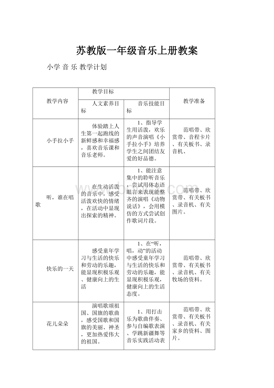 苏教版一年级音乐上册教案.docx