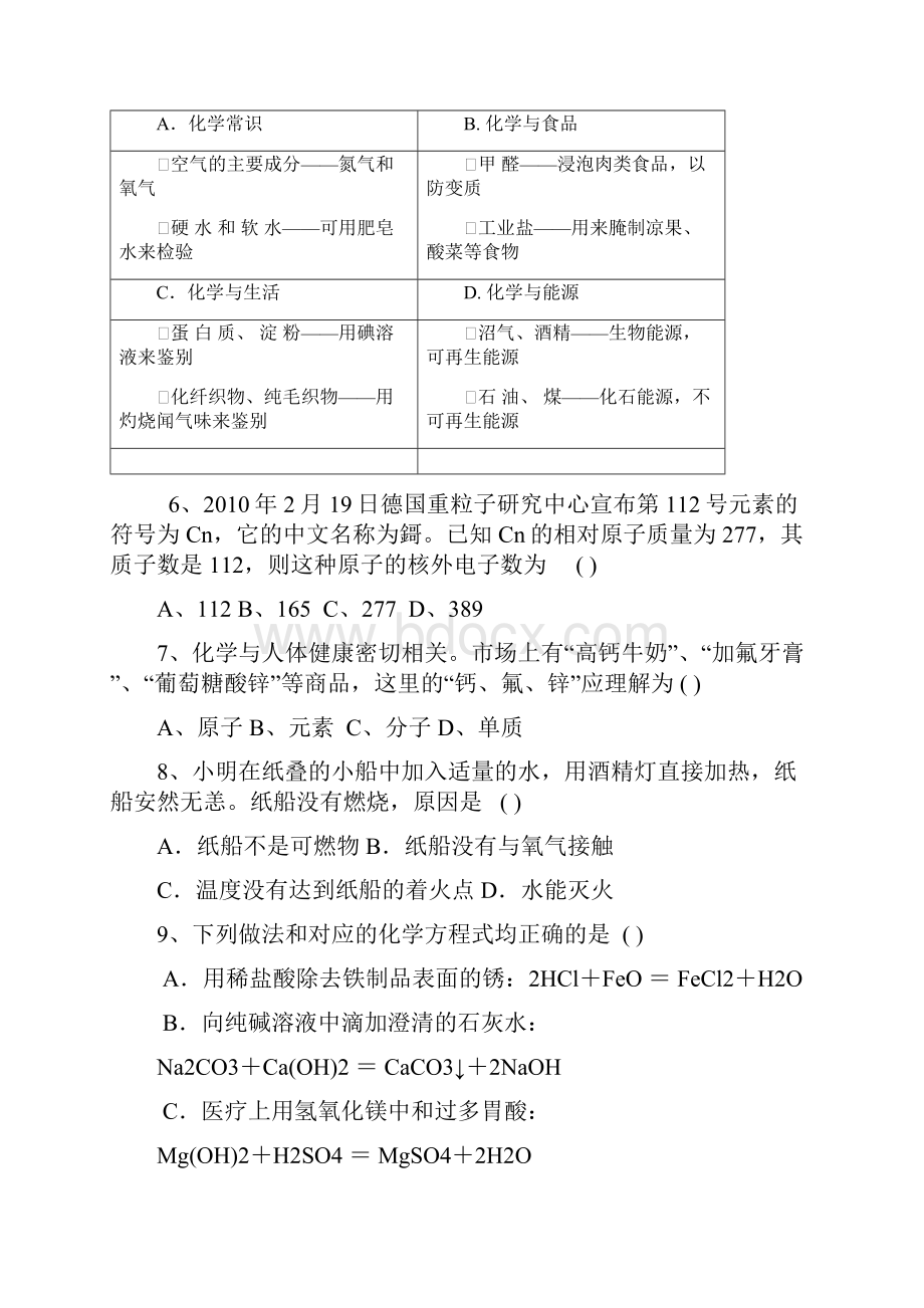 九年级第二阶段摸底考试化学试题.docx_第2页