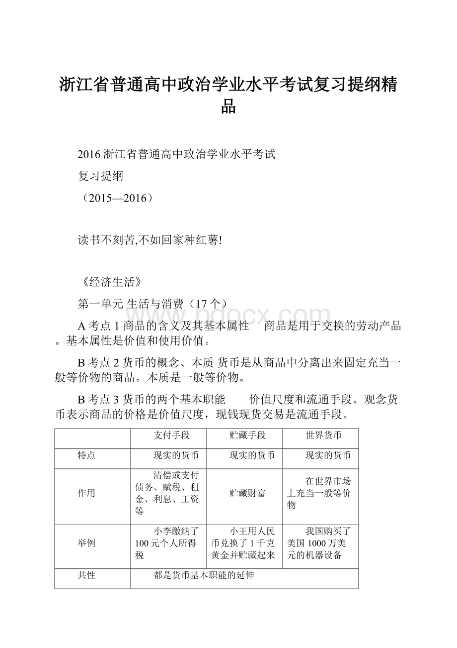 浙江省普通高中政治学业水平考试复习提纲精品.docx