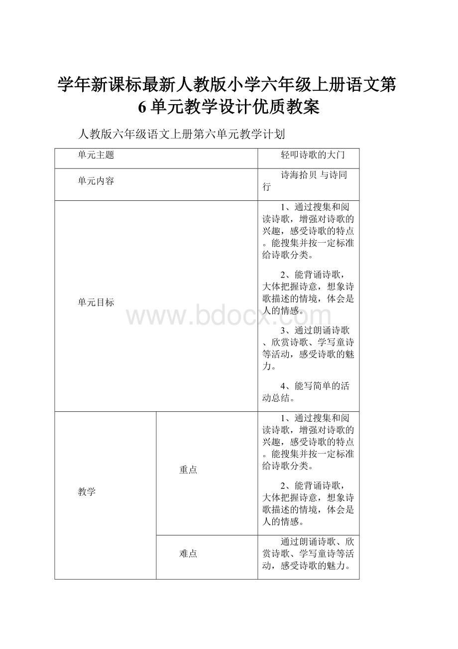 学年新课标最新人教版小学六年级上册语文第6单元教学设计优质教案.docx_第1页