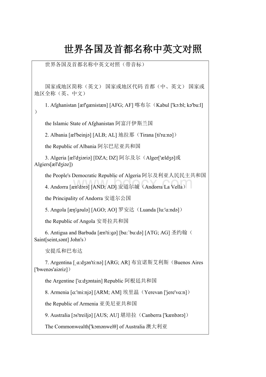 世界各国及首都名称中英文对照.docx_第1页