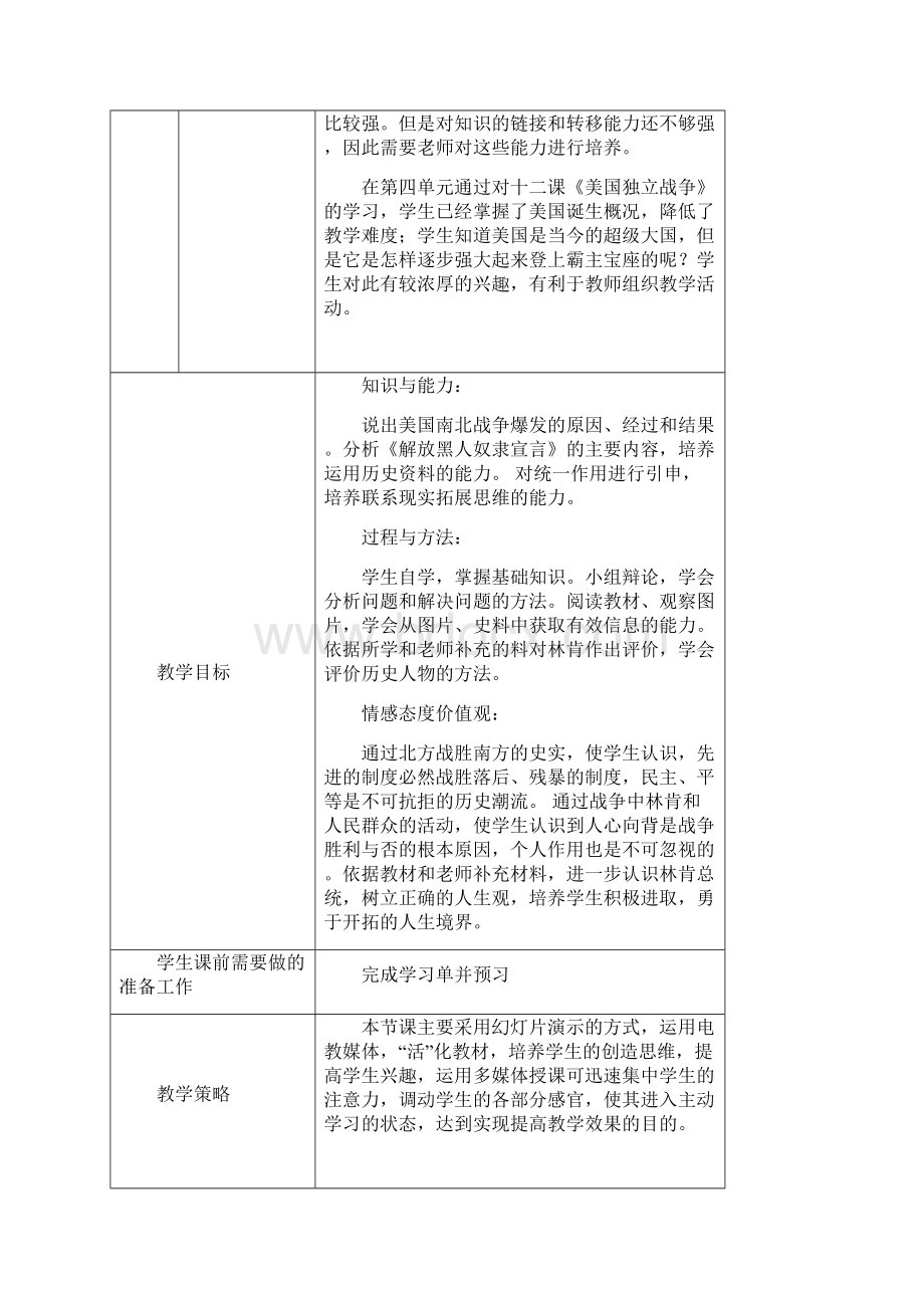 人教版九年级历史上册第六单元第18课 美国南北战争教学设计.docx_第2页