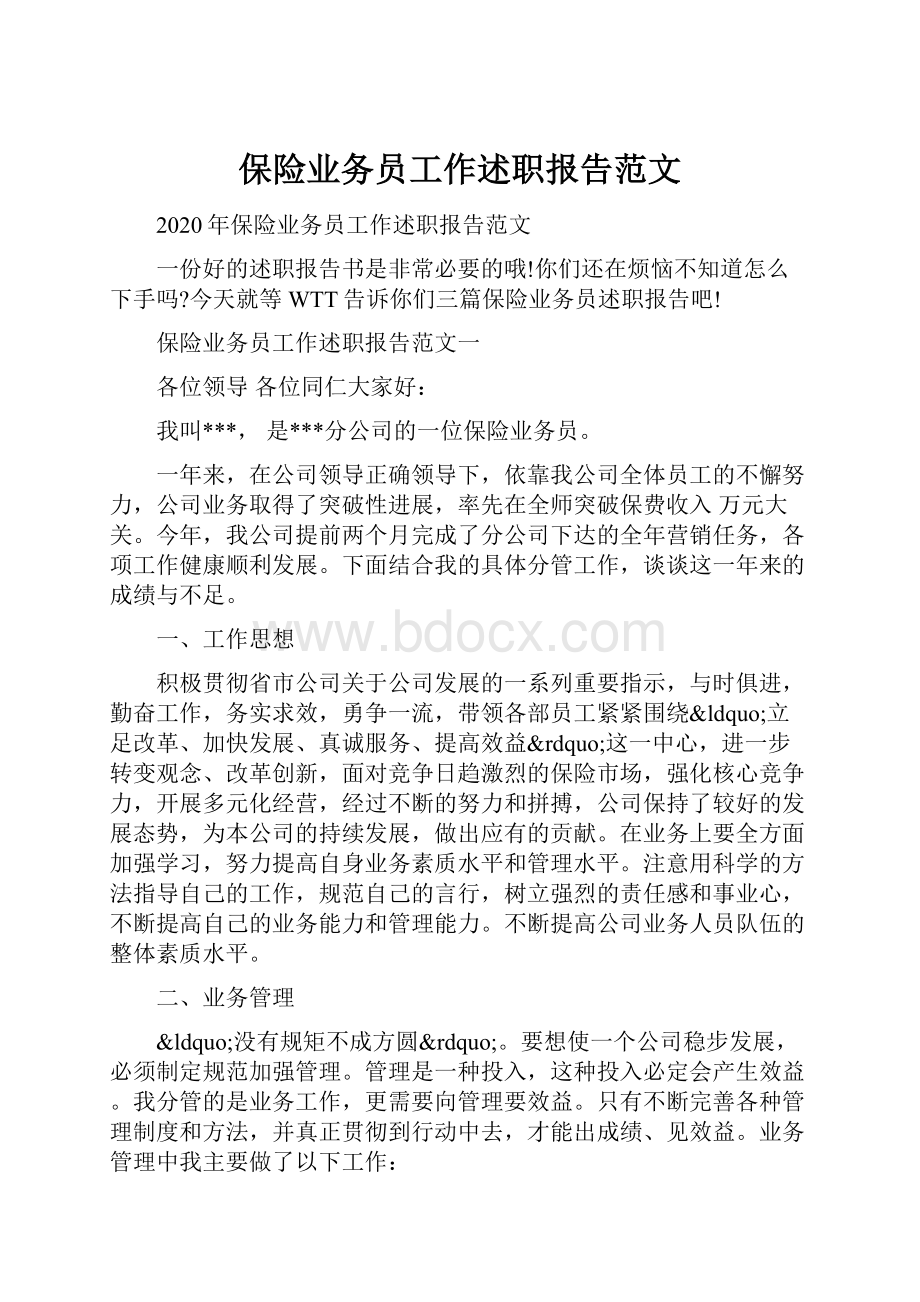 保险业务员工作述职报告范文.docx_第1页