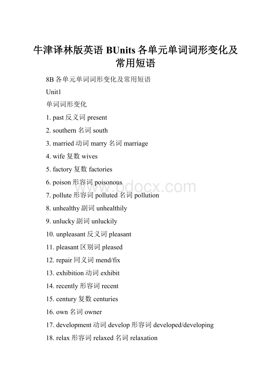 牛津译林版英语BUnits各单元单词词形变化及常用短语.docx_第1页