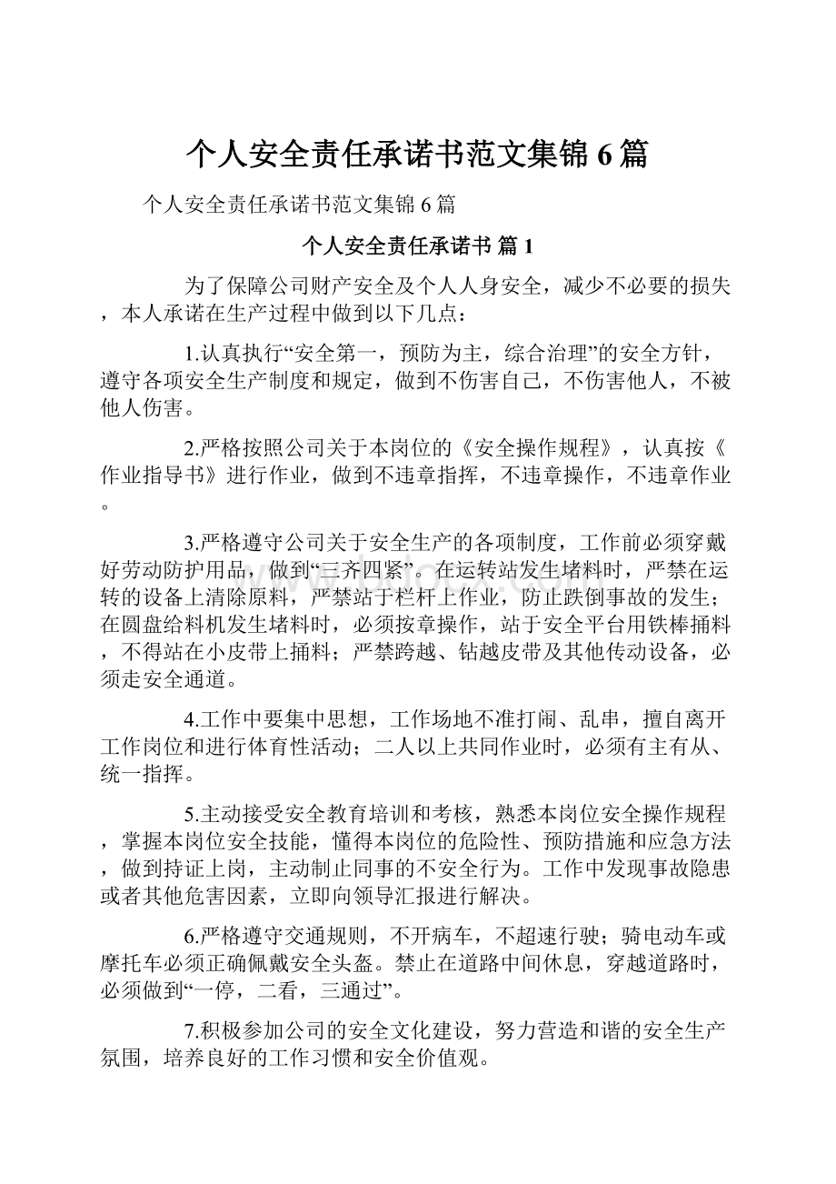 个人安全责任承诺书范文集锦6篇.docx_第1页