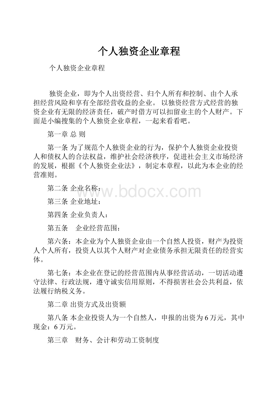 个人独资企业章程.docx_第1页