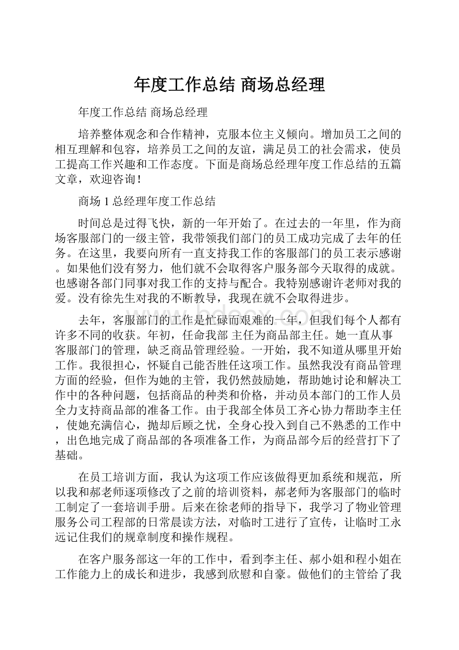 年度工作总结 商场总经理.docx