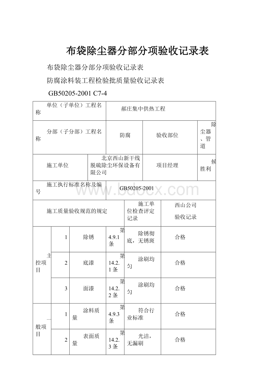 布袋除尘器分部分项验收记录表.docx_第1页