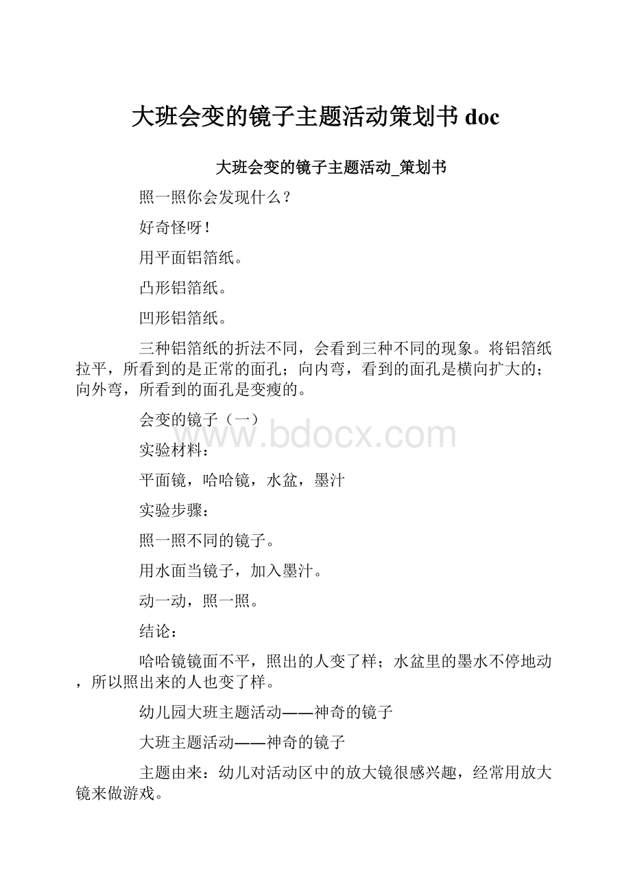 大班会变的镜子主题活动策划书doc.docx_第1页