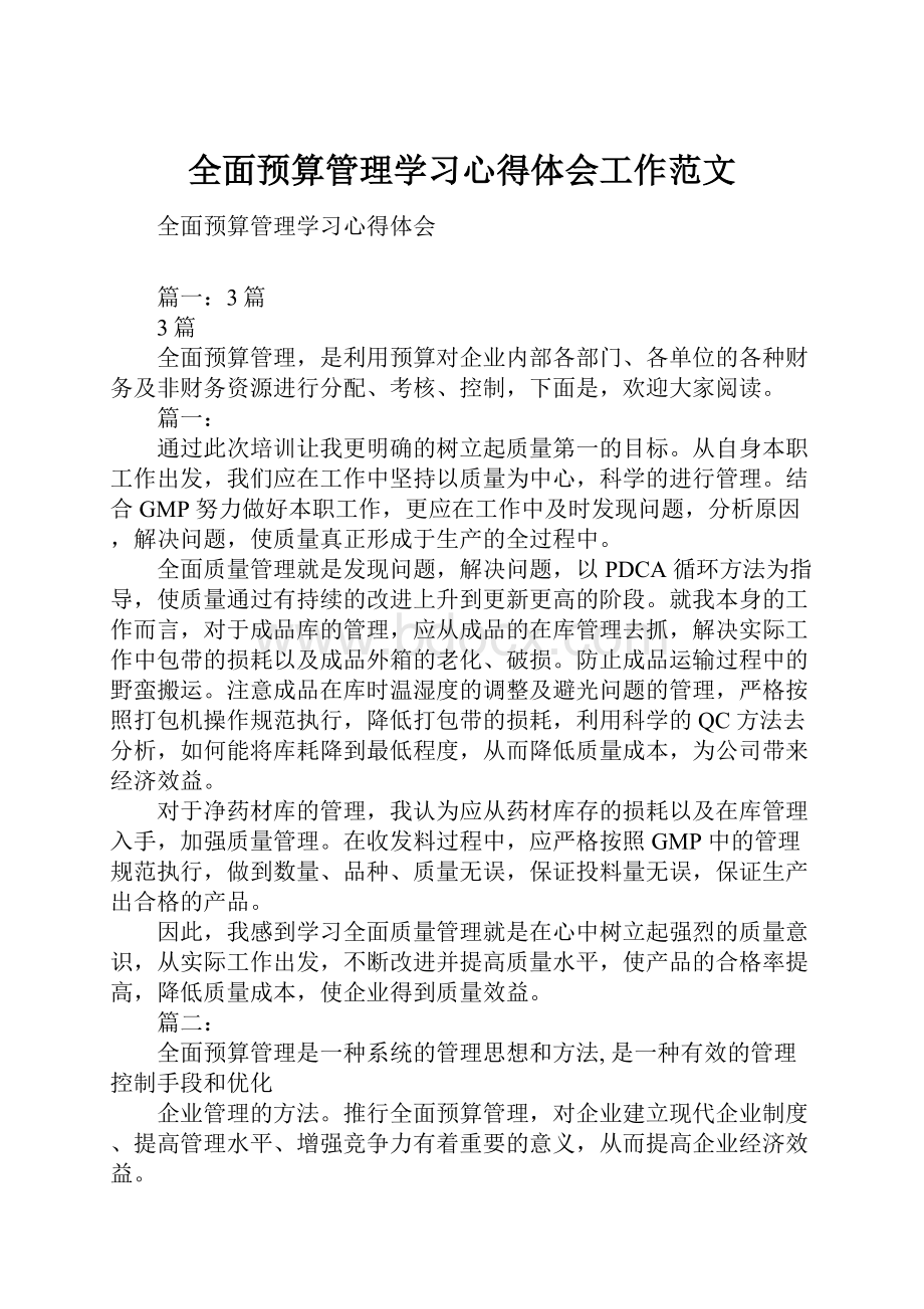 全面预算管理学习心得体会工作范文.docx