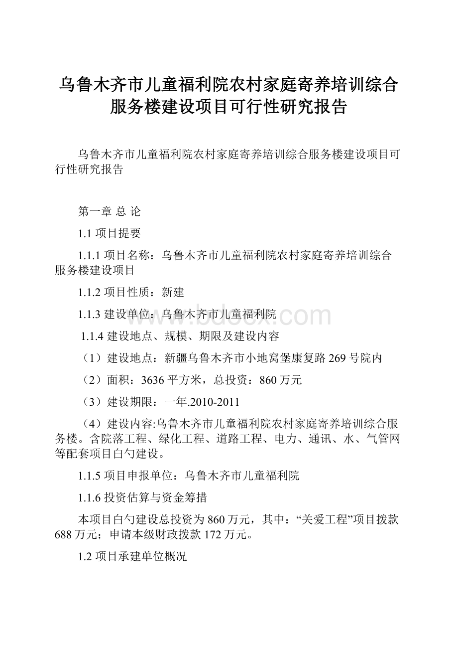 乌鲁木齐市儿童福利院农村家庭寄养培训综合服务楼建设项目可行性研究报告.docx_第1页