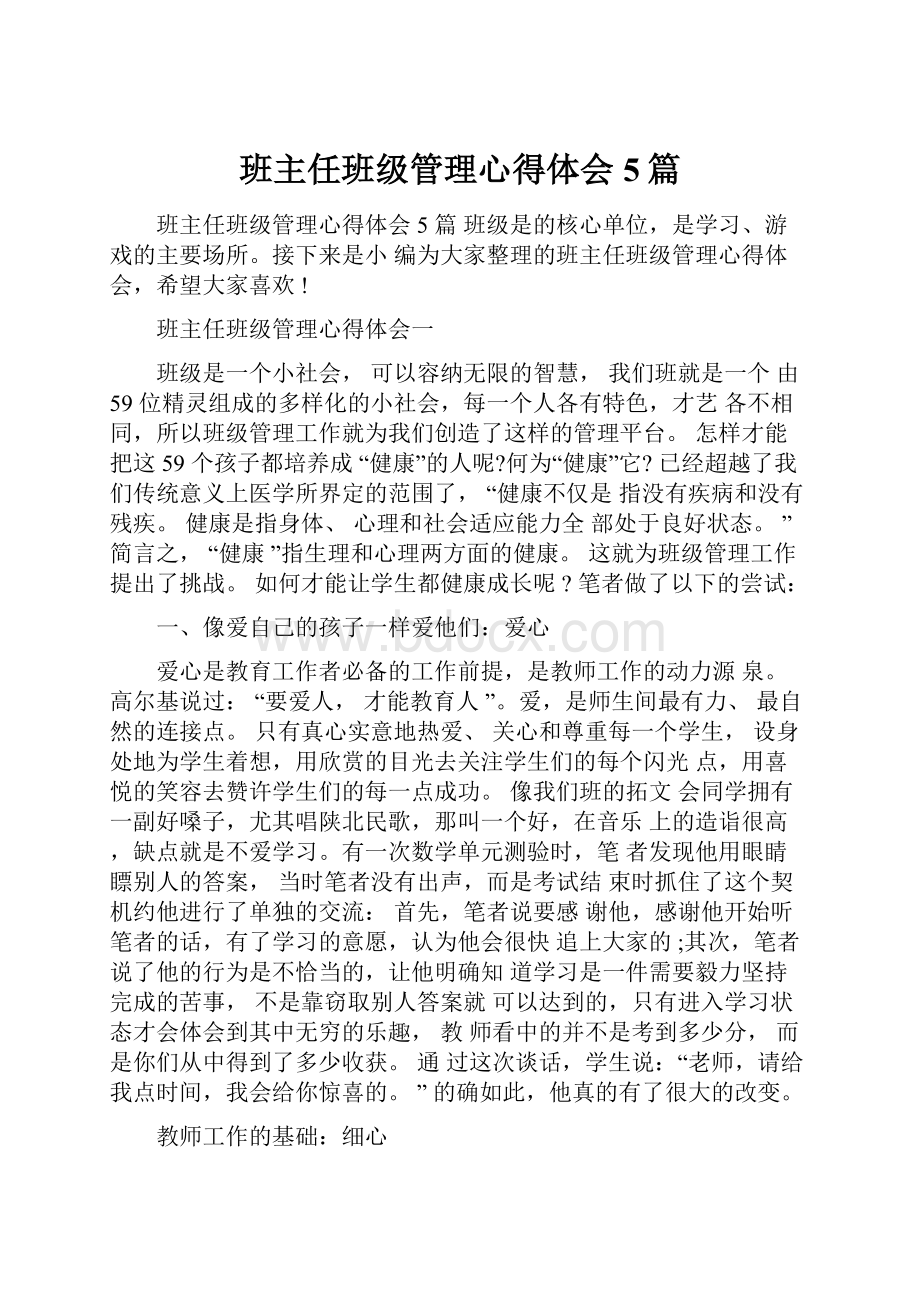 班主任班级管理心得体会5篇.docx