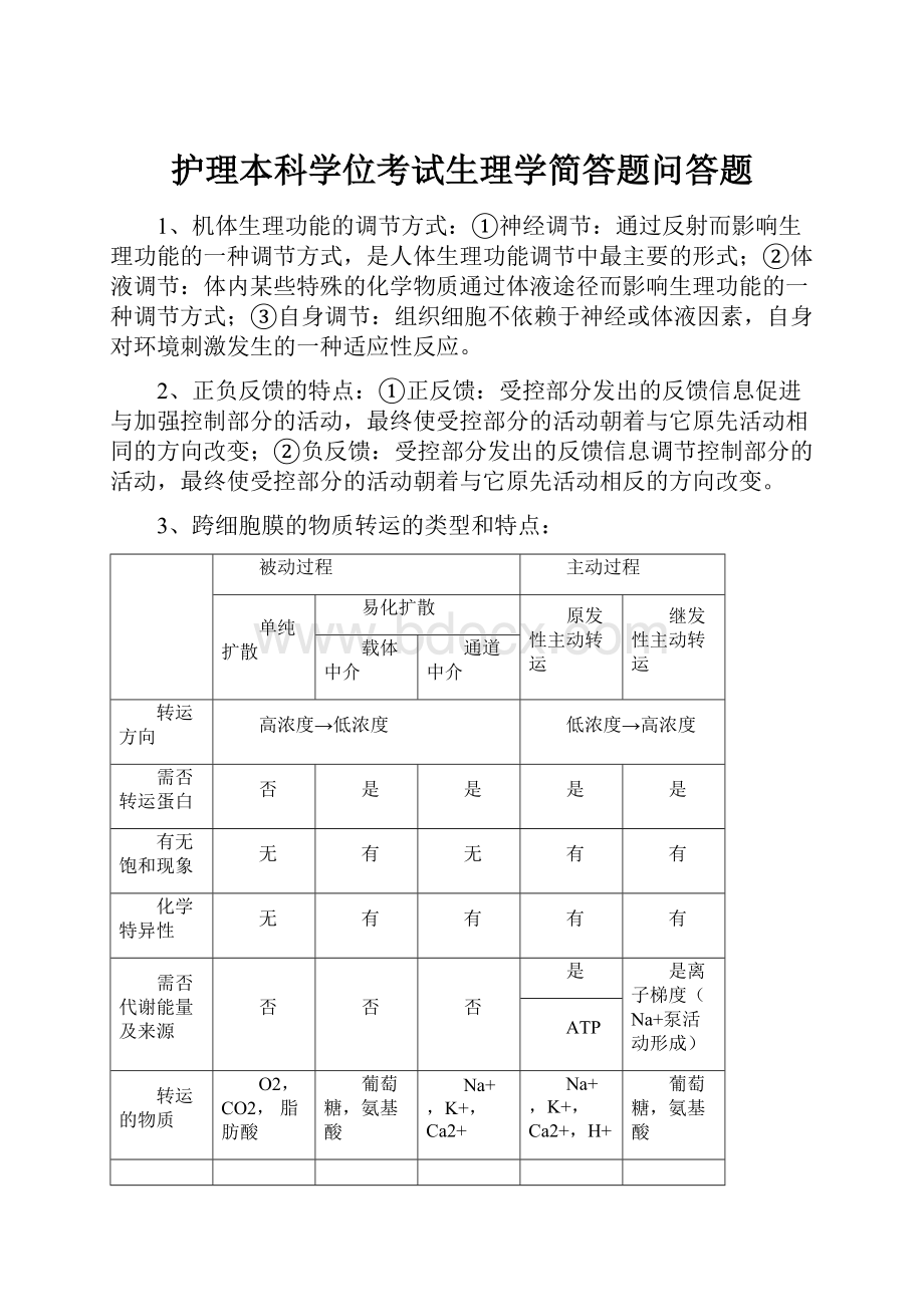 护理本科学位考试生理学简答题问答题.docx