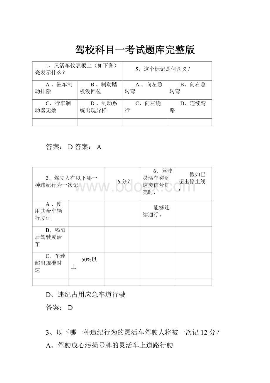 驾校科目一考试题库完整版.docx