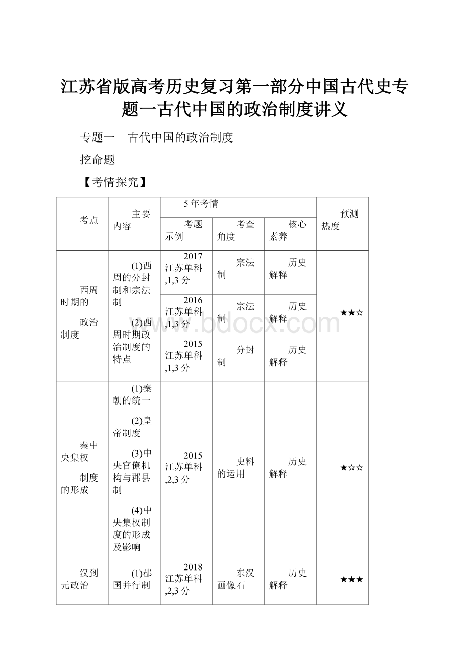 江苏省版高考历史复习第一部分中国古代史专题一古代中国的政治制度讲义.docx