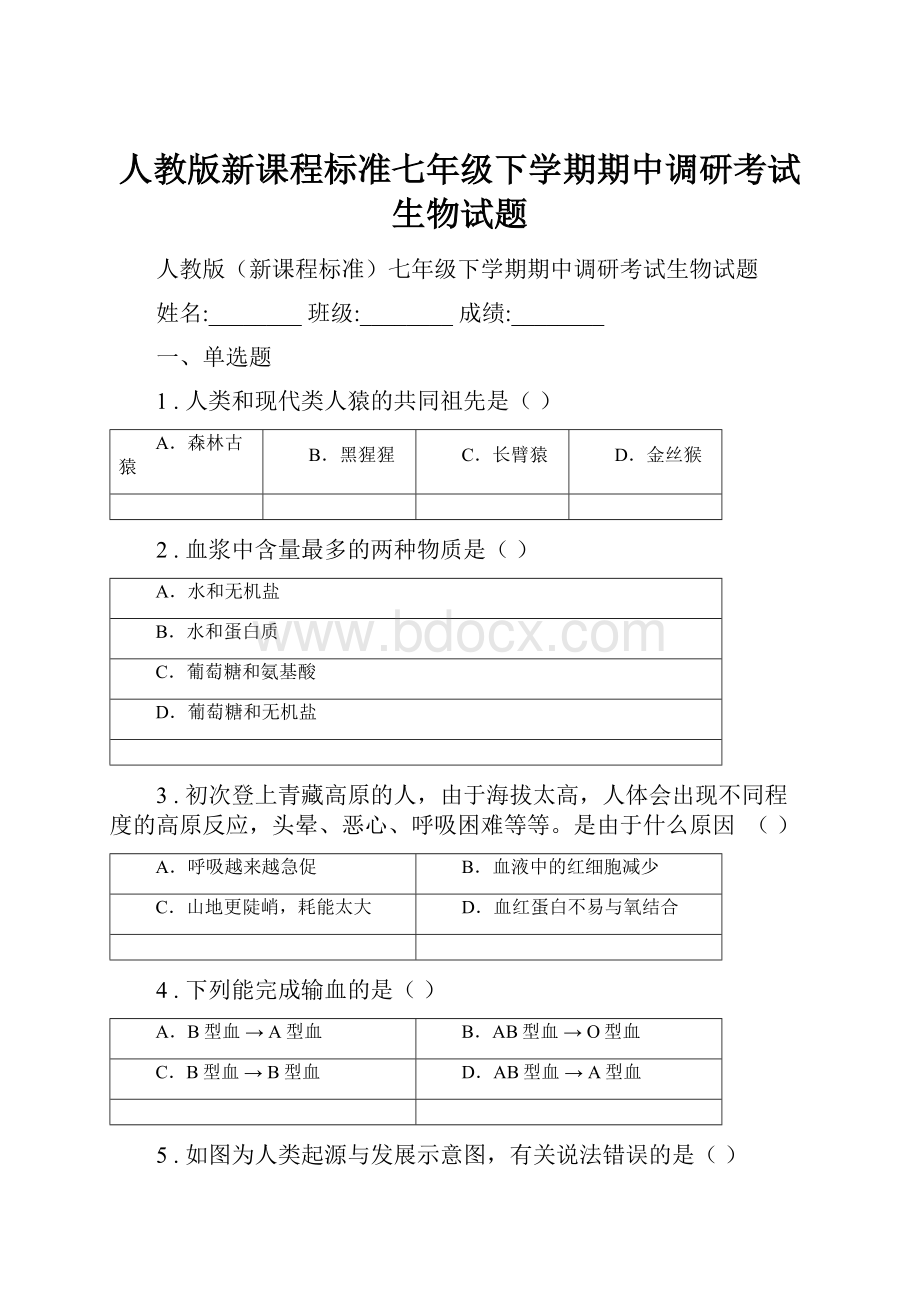 人教版新课程标准七年级下学期期中调研考试生物试题.docx_第1页