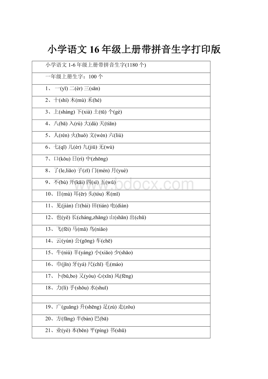 小学语文16年级上册带拼音生字打印版.docx