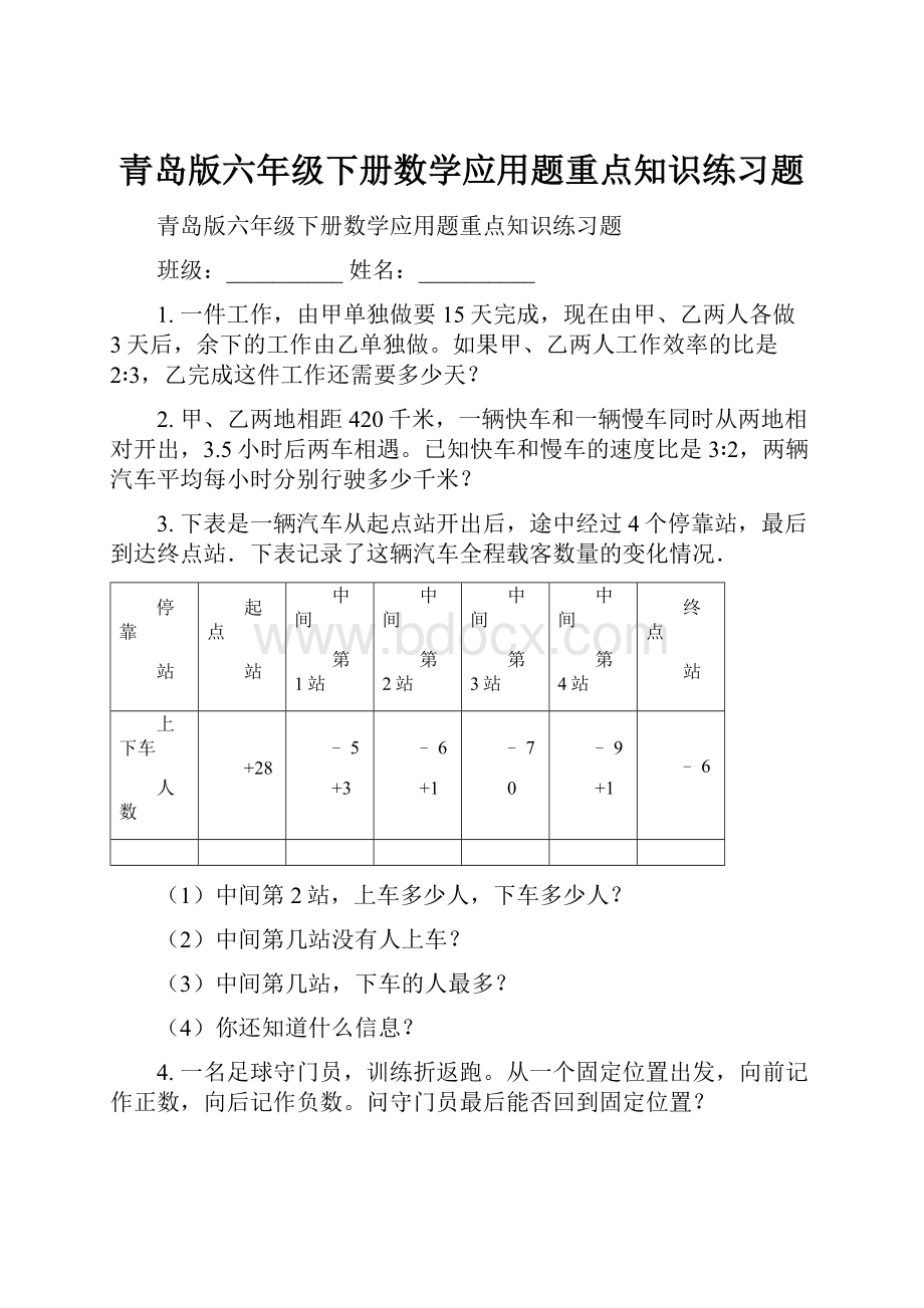 青岛版六年级下册数学应用题重点知识练习题.docx_第1页