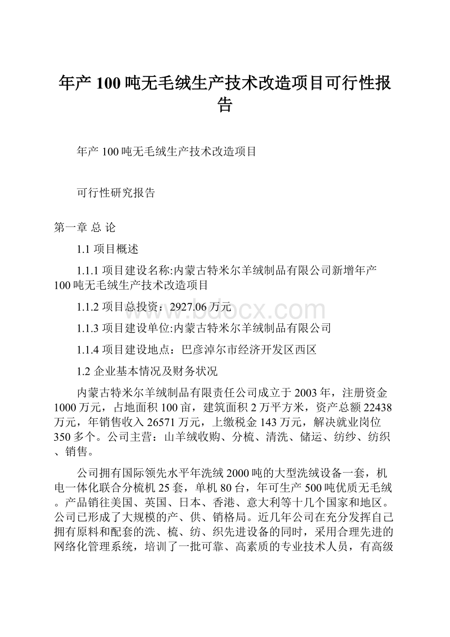 年产100吨无毛绒生产技术改造项目可行性报告.docx_第1页