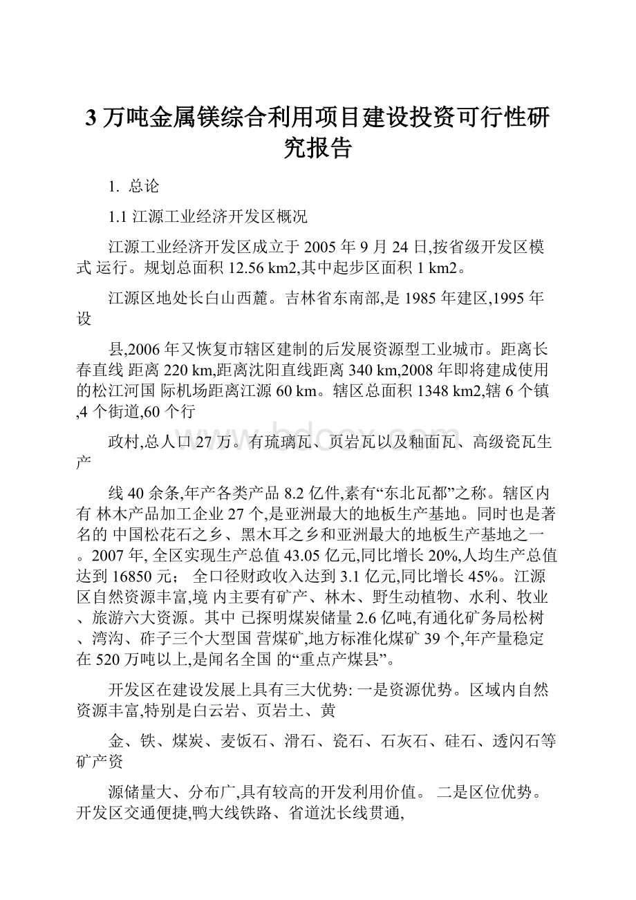 3万吨金属镁综合利用项目建设投资可行性研究报告.docx