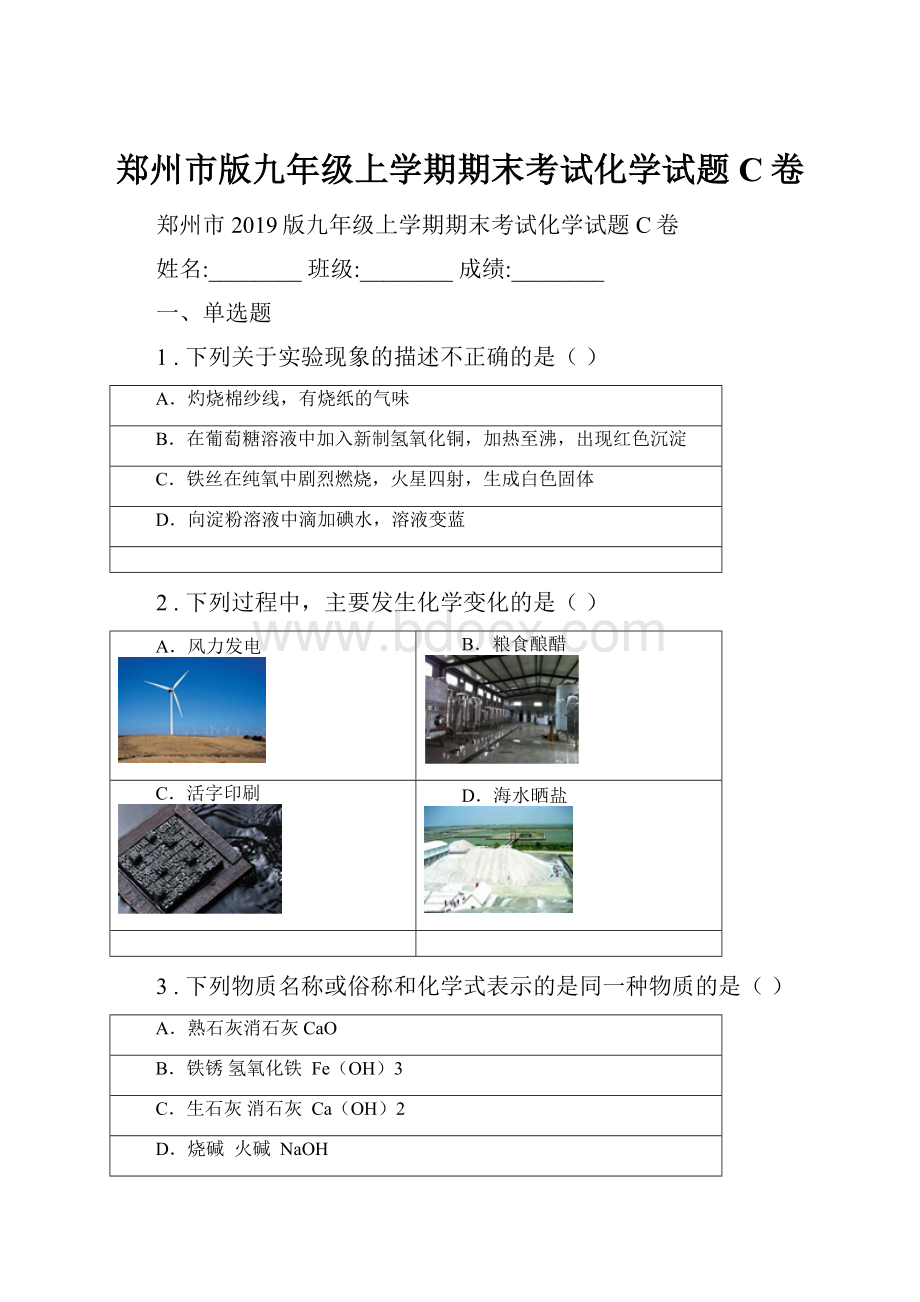 郑州市版九年级上学期期末考试化学试题C卷.docx