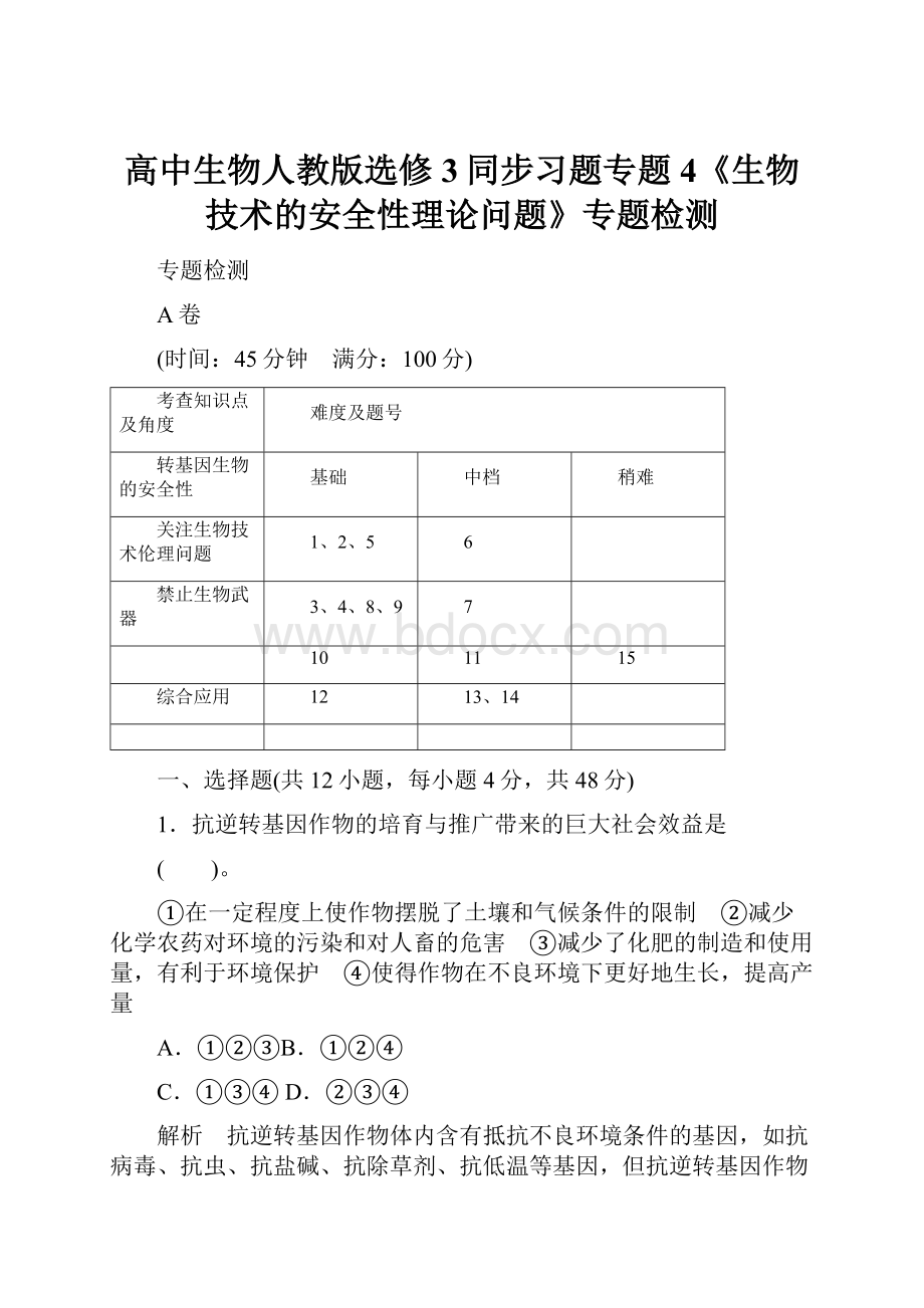 高中生物人教版选修3同步习题专题4《生物技术的安全性理论问题》专题检测.docx