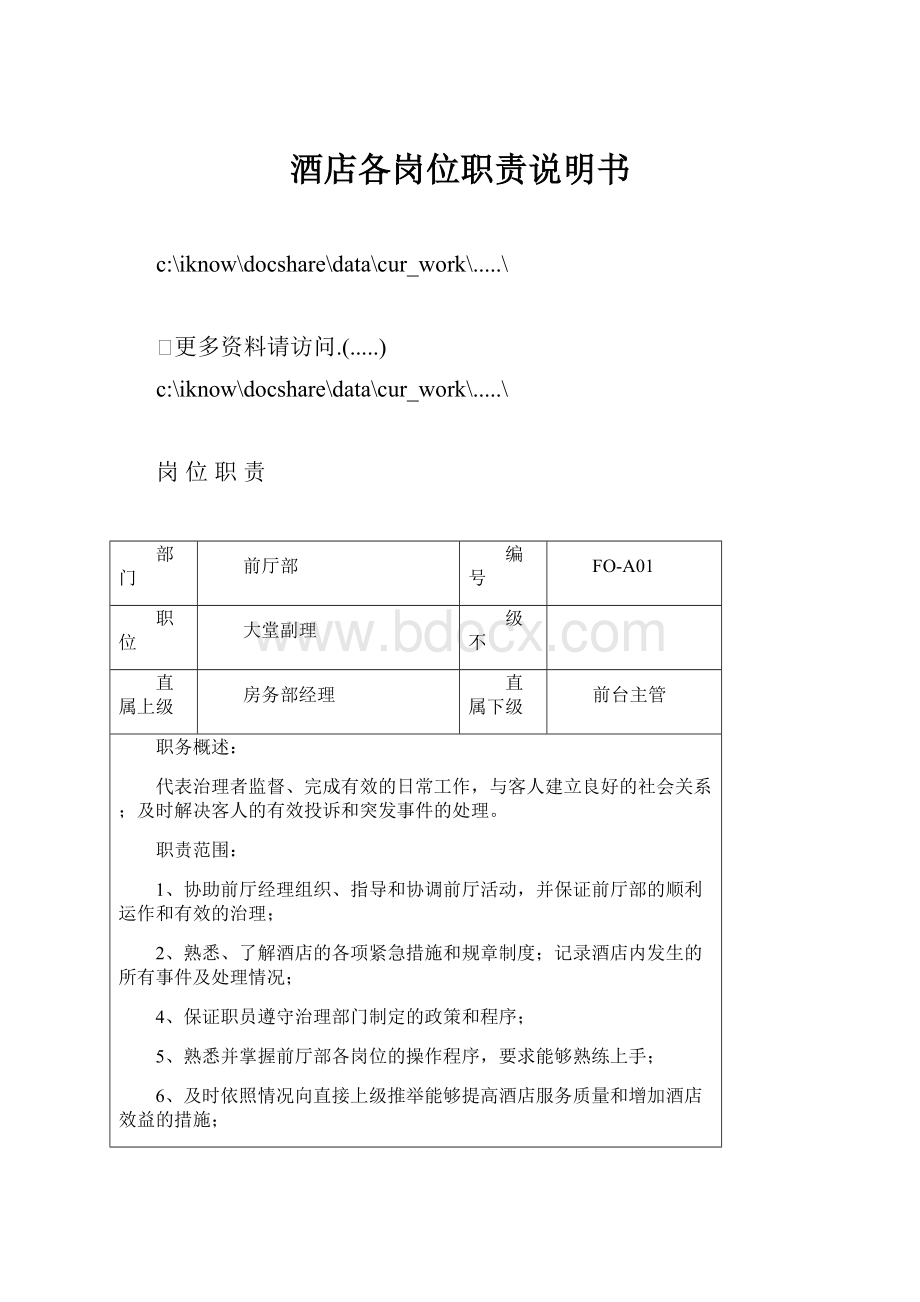 酒店各岗位职责说明书.docx_第1页