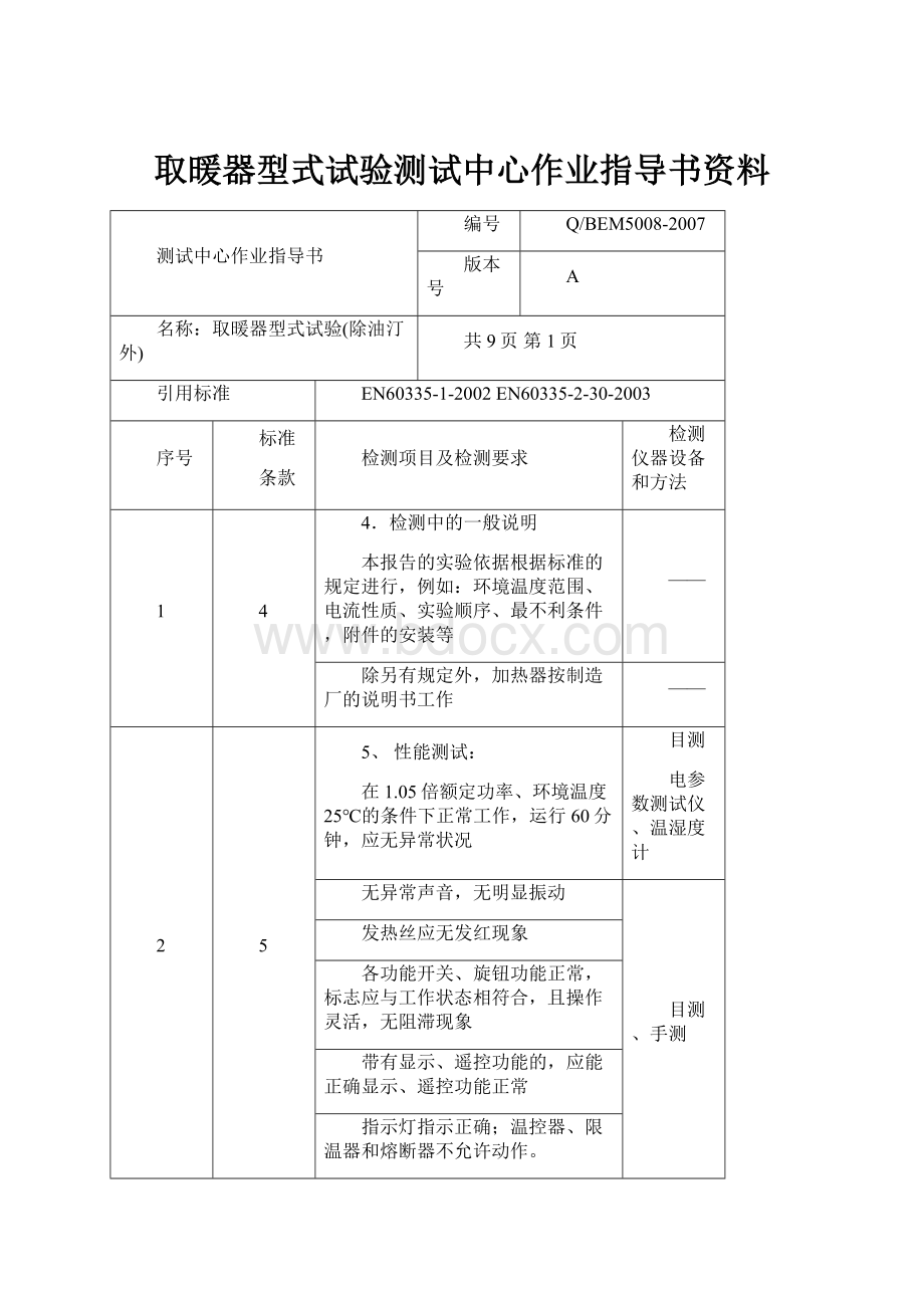 取暖器型式试验测试中心作业指导书资料.docx