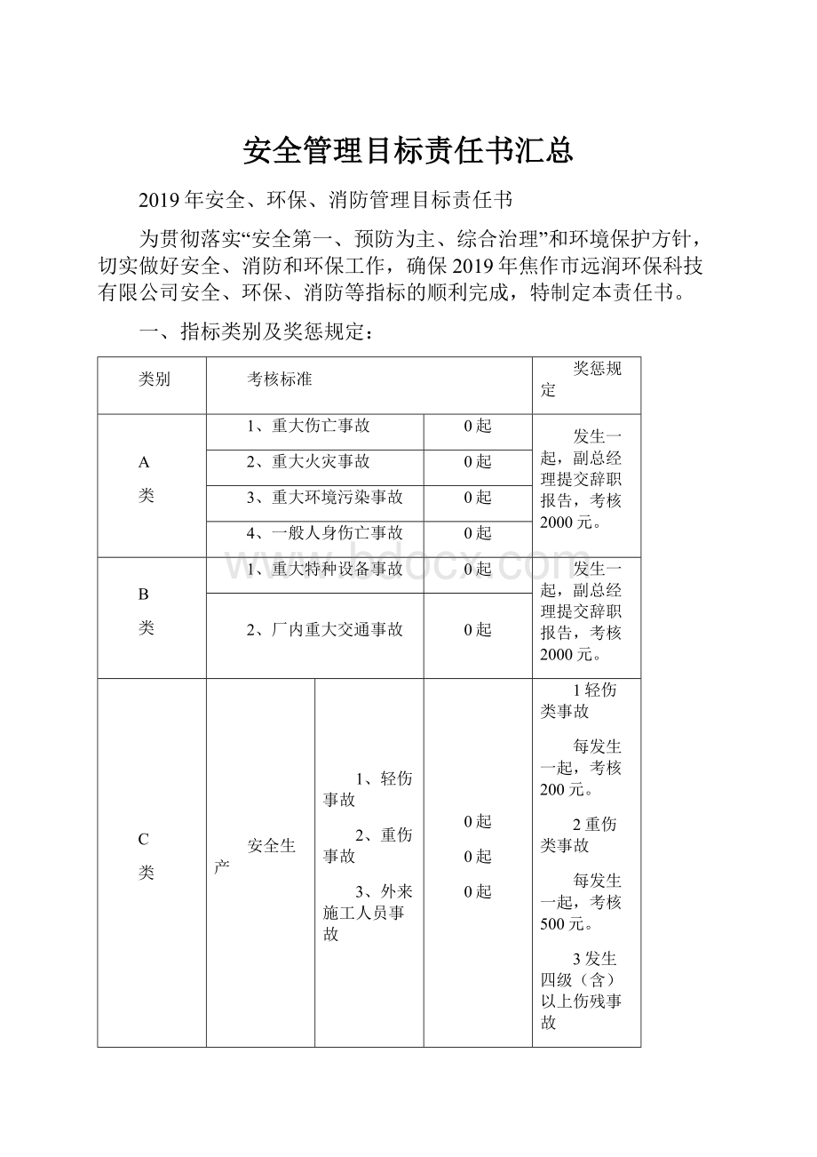 安全管理目标责任书汇总.docx