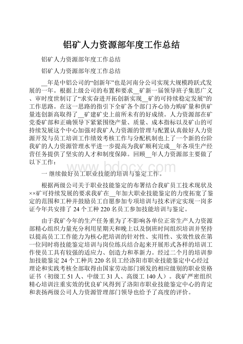 铝矿人力资源部年度工作总结.docx